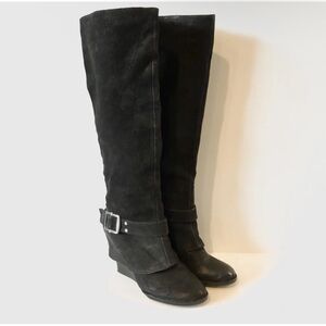 VINCE CAMUTO Womens Autumn Black Real Nubuck Leather Buckle Wedge Tall Boots 8